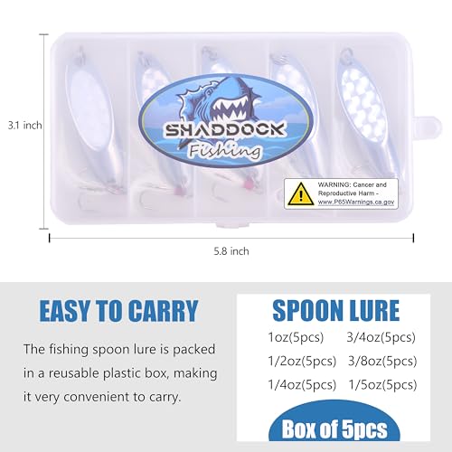 Shaddock Fishing 5 Pcs Metal Spoon Lures Kit 1/2 oz for Saltwater & Freshwater