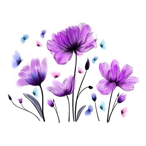 Tulip Wall Decals Flower and Colorful Butterfly Wall Sticker Purple Floral Art Wall Clings 25.2x35.43inch Removable DIY Vinyl Stickers for Living Room Bedroom TV Sofa Background Decoration