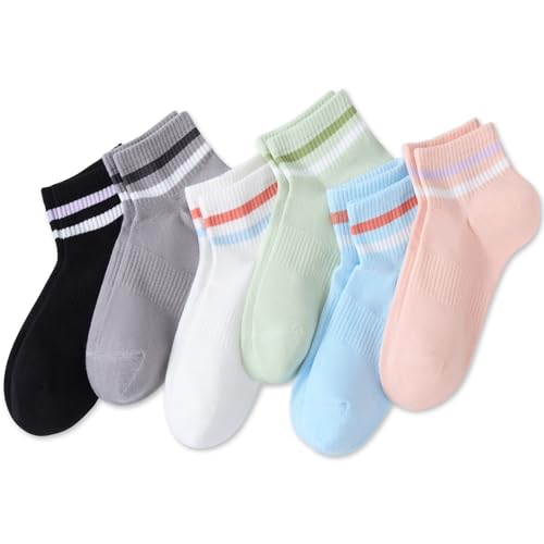 6 Pairs Low Cut Ankle Socks for Women - Cotton Casual - Black, Grey, White, Green, Blue, Pink