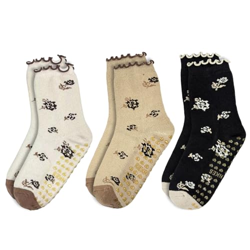 Warm Thickened Yoga Socks - Non-Slip Pilates Socks, 3 Pairs - One Size / Black, Khaki, Coconut Milk
