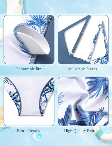Girls Tropical Floral 3-Piece Twist Cross Bikini Set with Skirt - 9-10 Years Grey Blue Palm