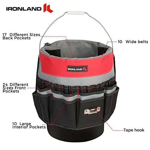 IRONLAND Bucket Tool Organizer Fit 3.5-5 Gallon Bucket, 51 Pockets, Bucket Tool Caddy Organization for Garden, Construction, Carpenter, Electrician, Builder Red & Black