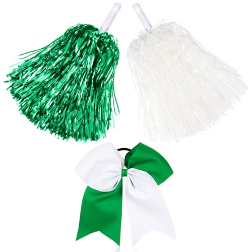 Cheerleading Pom Poms and Bow Set - Classic Matte Green White