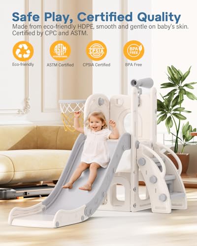 6-in-1 Toddler Slide Playset with Basketball Hoop & Telescope - White & Gray
