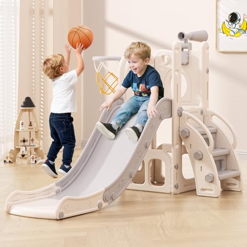 6-in-1 Toddler Slide Playset with Basketball Hoop & Telescope - White & Gray