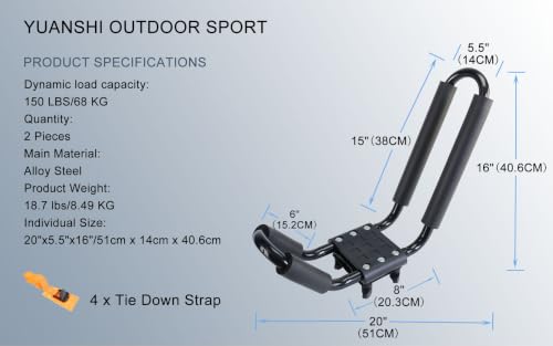Heavy Duty Kayak Roof Rack J-Bar Carrier - 2 Pairs with Straps