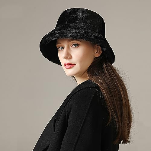 Women's Black Faux Fur Bucket Hat - Warm Winter Fisherman Cap