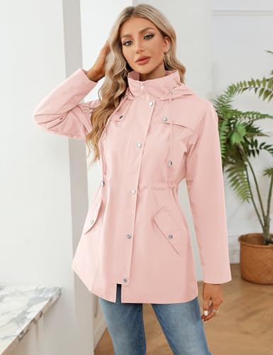 Pink Large Waterproof Women’s Raincoat with Hood - Lightweight Outdoor Hiking Jacket