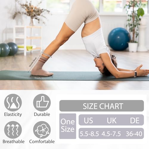 Non-Slip Pilates Grippy Socks for Women - One Size, 4 Pairs - Coffee, Brown, Khaki, White