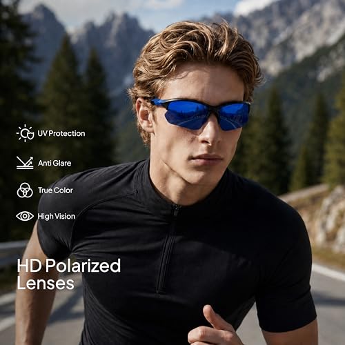 Polarized Sports Sunglasses for Men - 3 Pack Half Frame - Black/Blue/Red Mirror