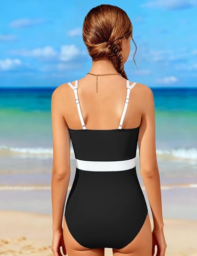 Girls One-Piece Color Block Swimsuit with Cutout - Black, 11-12 Years