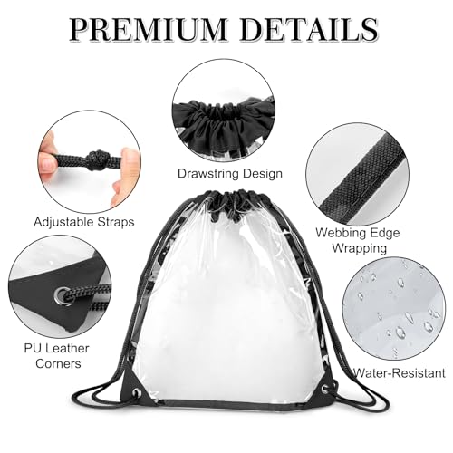 Clear Drawstring Backpack - 2 Pack, 12x12 Small Bags - Black