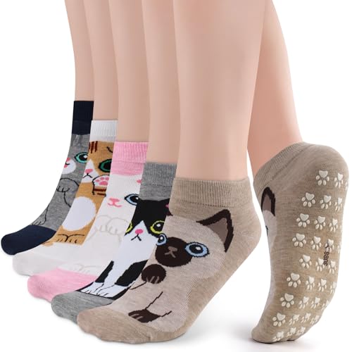 WANZHIHUI 2# 5 Pack Non Slip Cat Grip Socks for Women Girls Yoga Pilates Slippers
