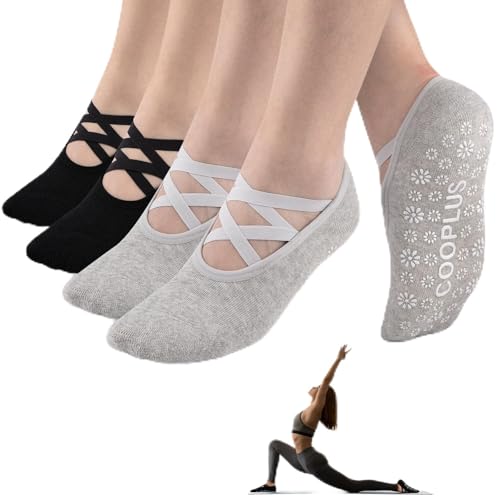 Yoga Socks for Women - Non-Slip Grip Pilates Socks, 4 Pairs - 2 Black + 2 Light Grey