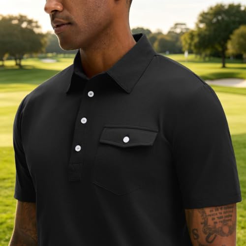 Men's Slim Fit Golf Polo Shirt - Quick Dry, Moisture Wicking, Large Black
