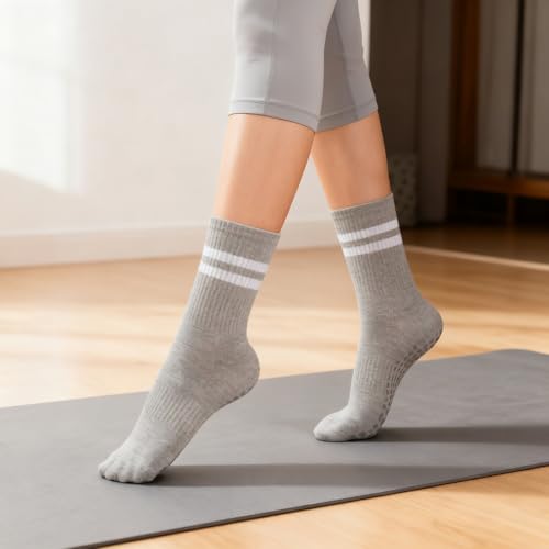 Non-Slip Pilates Socks with Grips for Women - 3 Pair Grey Cotton