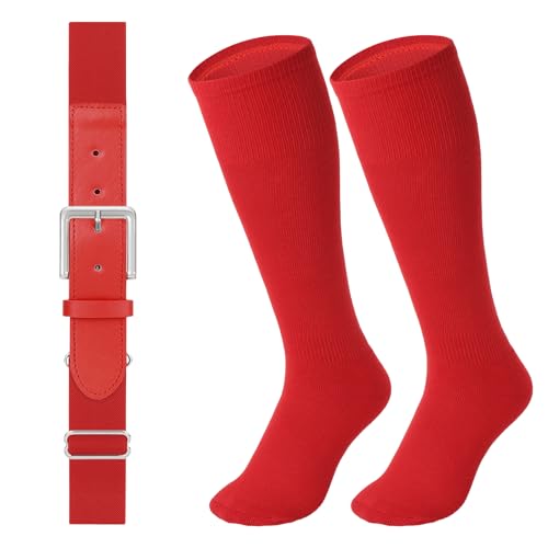 LEACOOLKEY Baseball Belt and Socks Combo Set F-red Adult – Adjustable softball belt & socks