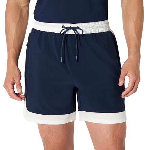 Men's Stretch Contrast Gym Training Shorts - 6" Inseam, Medium Navy/White