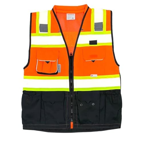 C Vest for Mens Safety Vest With Zipper and Utility Pockets Premium Black Series Surveyors Vest (Large, Orange/Black)