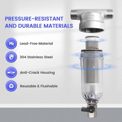 Amwater 304 Stainless Steel 40 Micron Spin Down Water Filter, Whole House Spin Down Sediment Water Filter, Reusable Flushable Pre-Filtration System, 3/4" MNPT + 1/2" FNPT