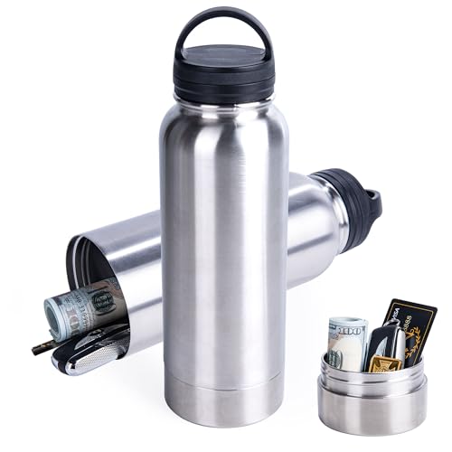 BarGifts 24oz Hidden Safe Water Bottle, Stainless Steel Secret Water Bottle with Hidden Compartment, Bottle Keeps Your Valuables Safe Like Money, Keys, and Jewelry- Silvery