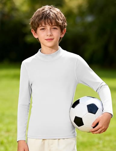Youth Boys Compression Thermal Shirt - Long Sleeve Mock Neck Fleece - White / Medium