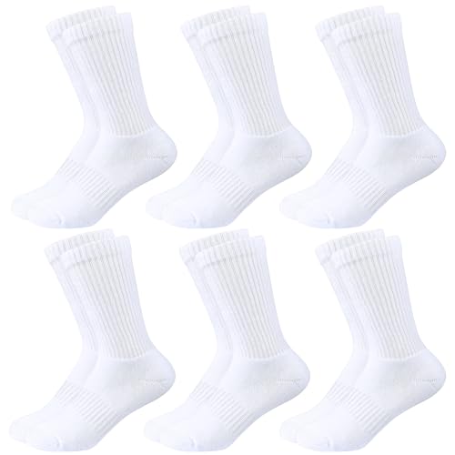 Kids Crew Socks 6 Pairs | Cushioned Athletic & Dress Socks for Boys & Girls, White, Large