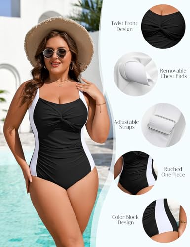 Wiepux Women’s Plus Size One-Piece Swimsuit Ruched Slimming Tummy Control 3X-L Black