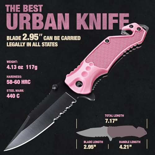 Pink GOOD WORKER 2.95” Serrated Pocket Knife - Tactical Folding Knife with Glass Breaker & Seat Belt Cutter - Women's Survival EDC Tool