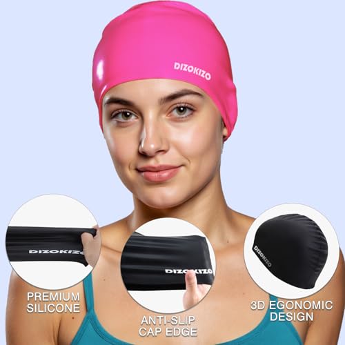 Dizokizo 2-Pack Silicone Swim Caps for Women & Men - Non-Slip Waterproof Hair Hats, Long & Short Hair, Rose Red & Black