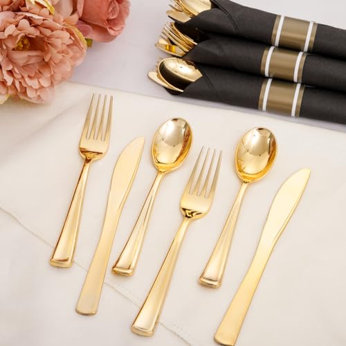 Black and Gold 60 Pack Pre Rolled Plastic Silverware Set with Napkins