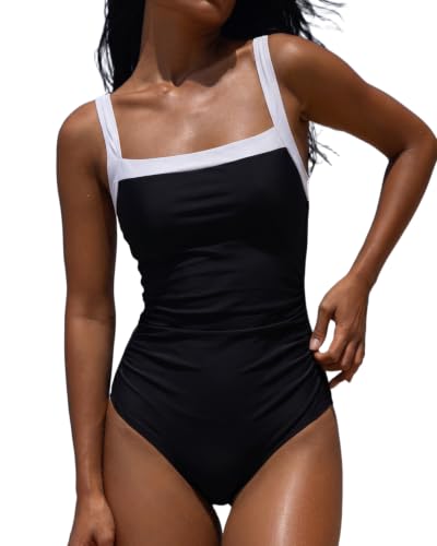 QINSEN Women's Black Square Neck Swimsuit Medium - Tummy Control One Piece Bathing Suit with Adjustable Straps