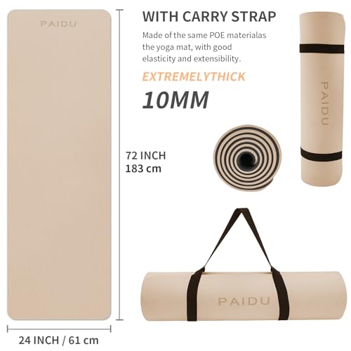 Extra Thick Yoga Mat 10mm - Non-Slip Fitness Mat with Carry Strap - Beige & Black - 72"x24"