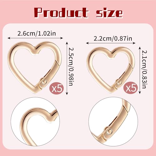 Heart-Shaped Carabiner Keychain Clips - 10 Pack Gold Metal Hooks