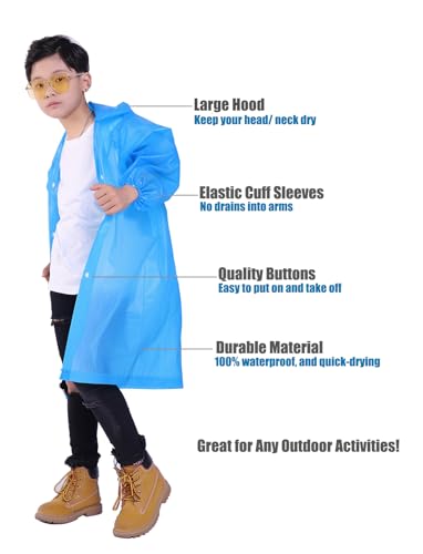 Kids Rain Ponchos 2-Pack for Ages 6-11, Waterproof Reusable Outdoor Rain Jackets Blue