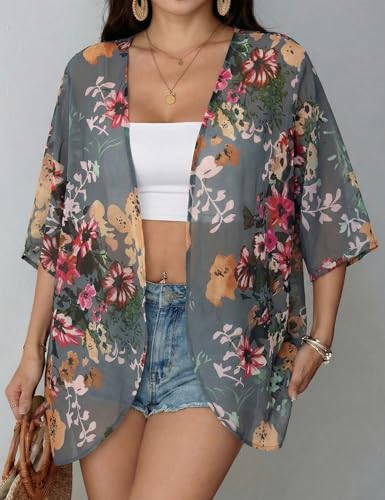 Floral Chiffon Beach Cover Up Kimono Cardigan - Grey Large