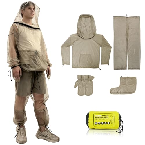 HOMEYA Net Suit L/XL Full-Body Mosquito Protection Suit (Beige, Large-XL) with Hooded Jacket, Pants & Gloves