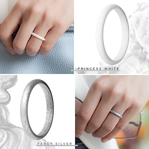 Stackable Silicone Wedding Rings for Women - Metallic Frost Silver, White, Green, Black & Teal Glitter
