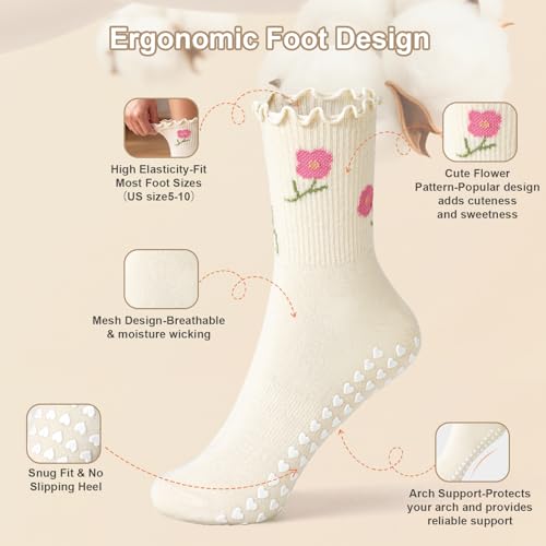 Non-Slip Pilates Grip Socks for Women - 2 Pack Beige Flower & Red Flower