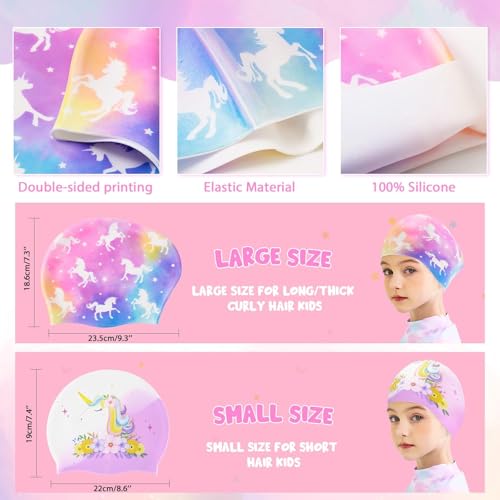 WAWSAM 2 Pack Kids Silicone Swim Caps Unicorn Mermaid Design for 3-8 Years – Purple Mix (Long & Short Hair)