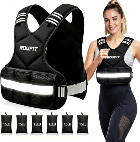 ROUFIT Black Adjustable Weighted Vest 6-15 lb for Women & Men, Fitness & Walking