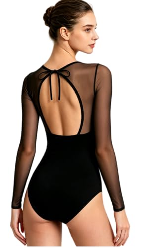 WYHDY Women Mesh Long Sleeve Ballet Dance Leotard Small Black