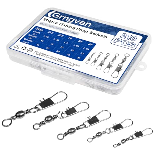 210PCS Fishing Swivels Set - 5 Sizes with Snaps & Storage Case