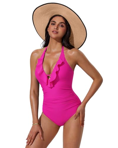SUUKSESS Women's Pink Ruffled Halter One-Piece Swimsuit Medium Size - Tummy Control