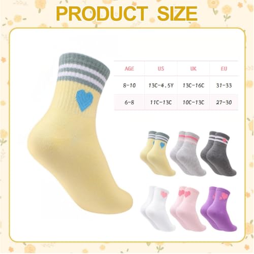 Kids Athletic Socks - 6 Pairs Crew Cotton Socks, Hearts & Stripes, Ages 6-8