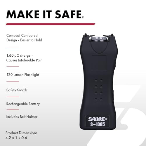 SABRE 2-in-1 Stun Gun and Flashlight and Belt Holster, Emits 1.60 Powerful Pain Inducing Microcoulombs (?C) Charge, 120 Lumen LED Flashlight, Rubberized Grip, Compact Design, Rechargeable