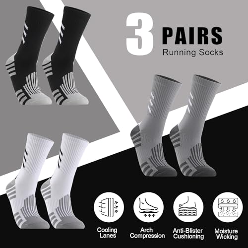 Compression Athletic Crew Socks - 3 Pairs in Black, White, Gray