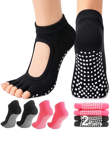 Toeless Pilates Socks with Grips for Women - 2 Pairs Black & Rose