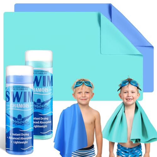 2 Pack Swim Chamois Towels - Quick-Dry Water Absorbent Towels for Swimming & Outdoor Activities, 17x26 Inches, Blue & Aqua