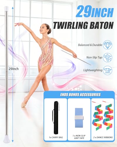 29 Inch Twirling Baton with Carrying Bag & Ribbons - White Tip